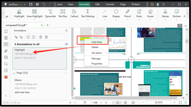 Работа с заметками в SwifDoo PDF