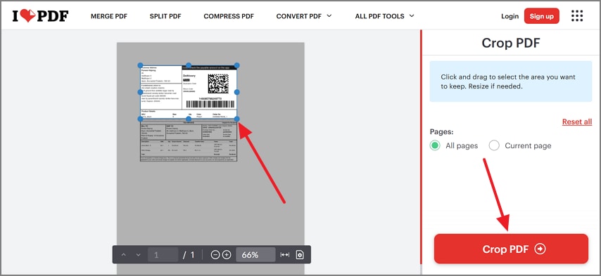Интерфейс iLovePDF Crop PDF с выбором All pages или Current page