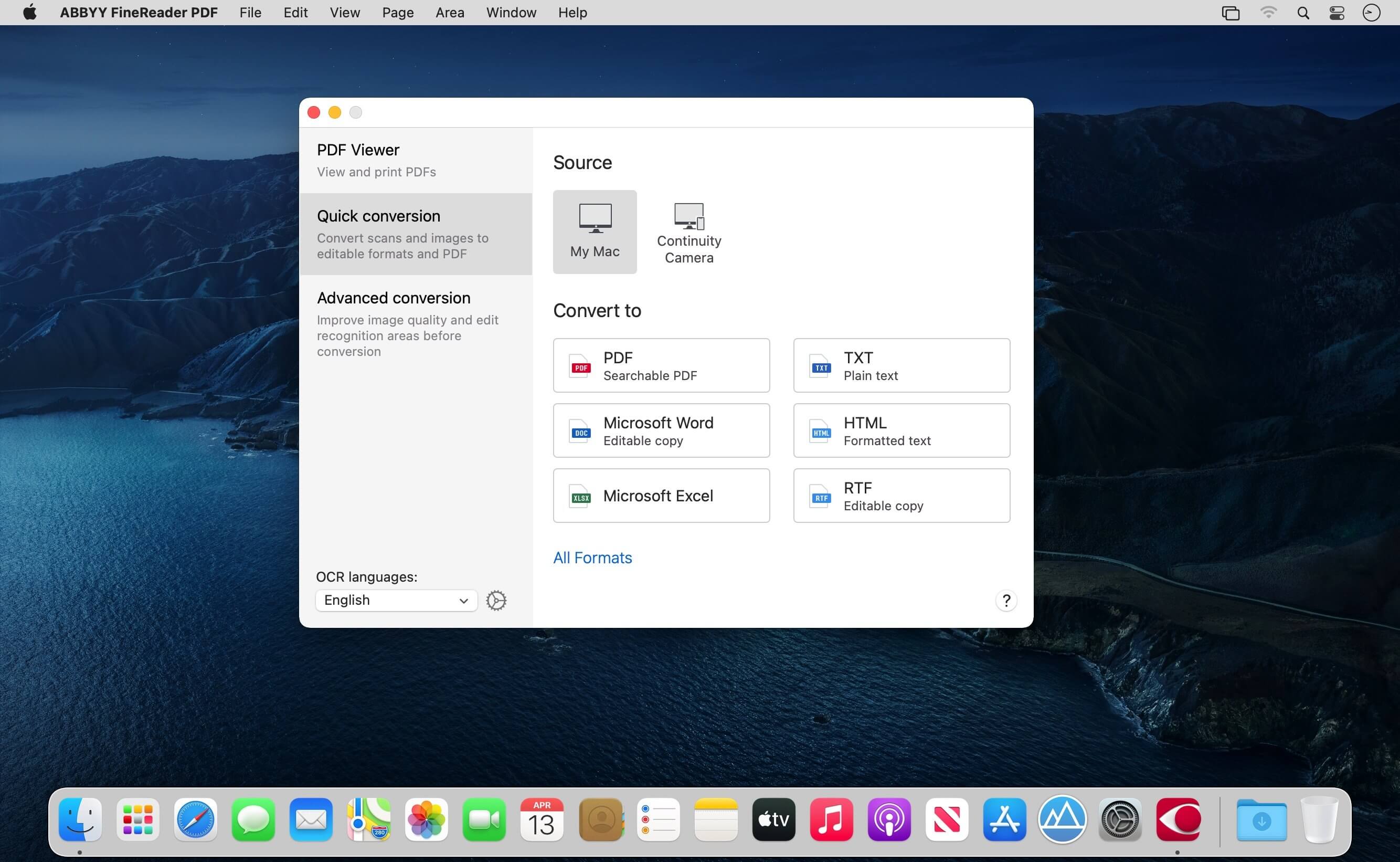 Окно Quick conversion ABBYY FineReader PDF на macOS с выбором Microsoft Excel