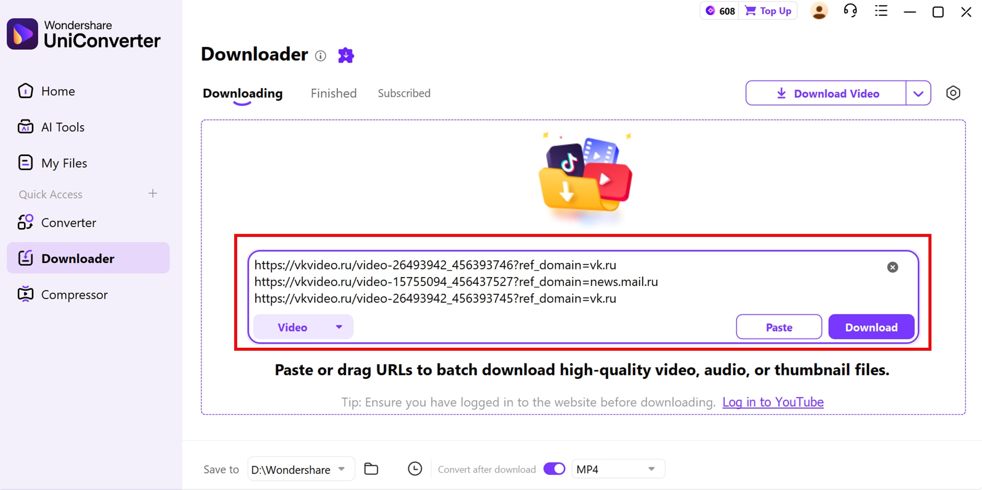 Вставка ссылки в Wondershare UniConverter