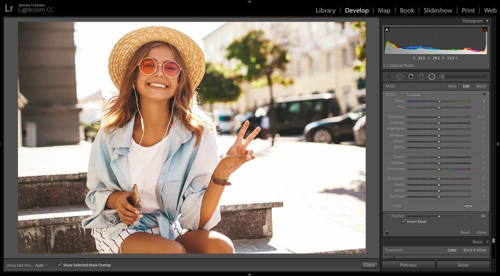 Интерфейс Adobe Lightroom с панелью коррекции