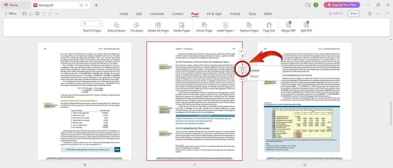 Вкладка Page и удаление выбранной страницы в WPS PDF