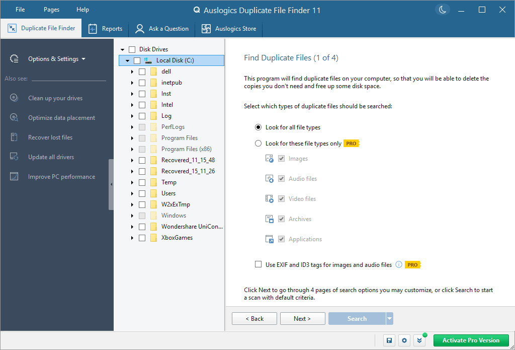 Выбор дисков и типов файлов в Auslogics Duplicate File Finder