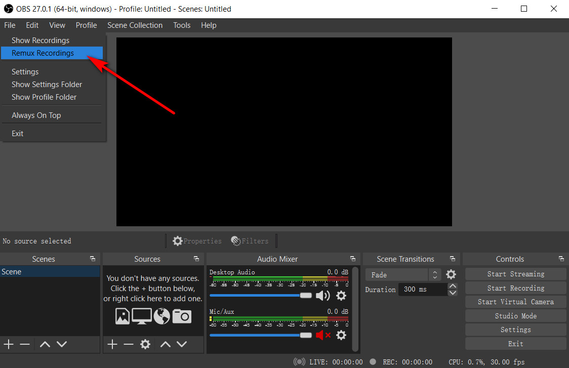 Команда Remux Recordings в OBS