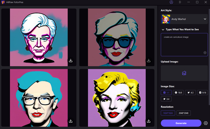 Интерфейс HitPaw FotorPea с выбранным стилем Andy Warhol и кнопкой Generate