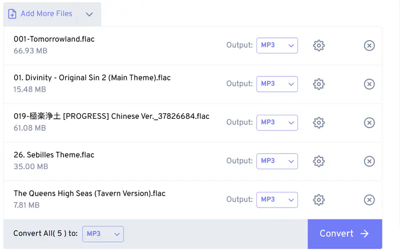 FreeConvert: список аудиофайлов, выбор MP3 и кнопка Convert