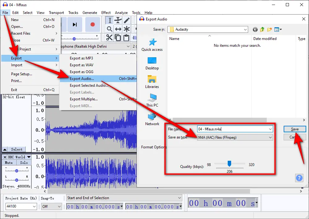 Экспорт M4A AAC в Audacity через FFmpeg