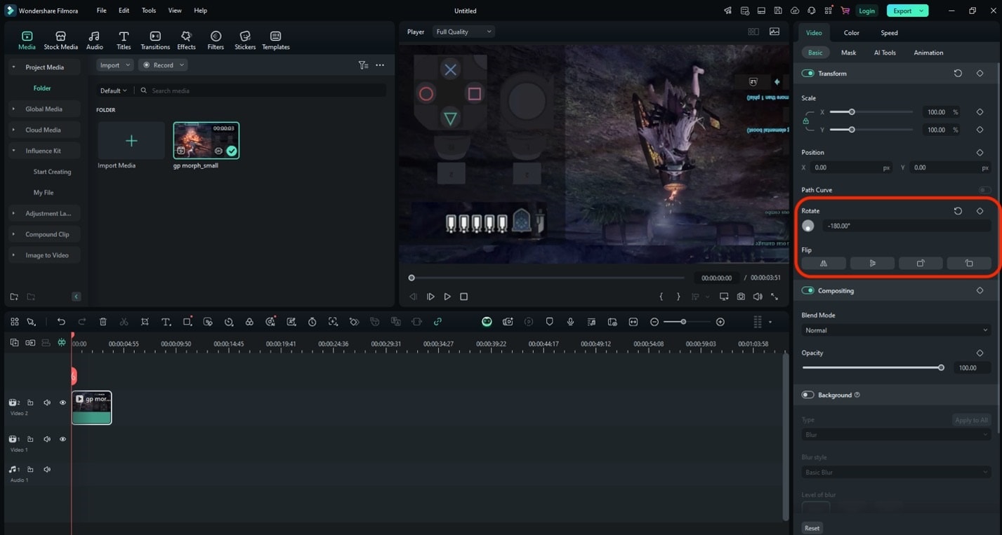 Панель Transform в Wondershare Filmora с настройкой Rotate