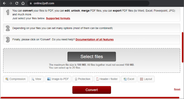 Интерфейс Online2PDF для работы с файлами