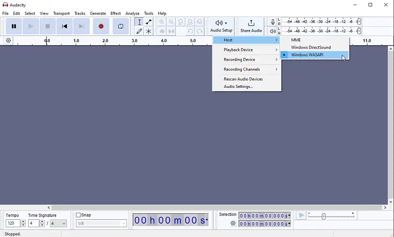 Выбор источника записи системного звука в Audacity
