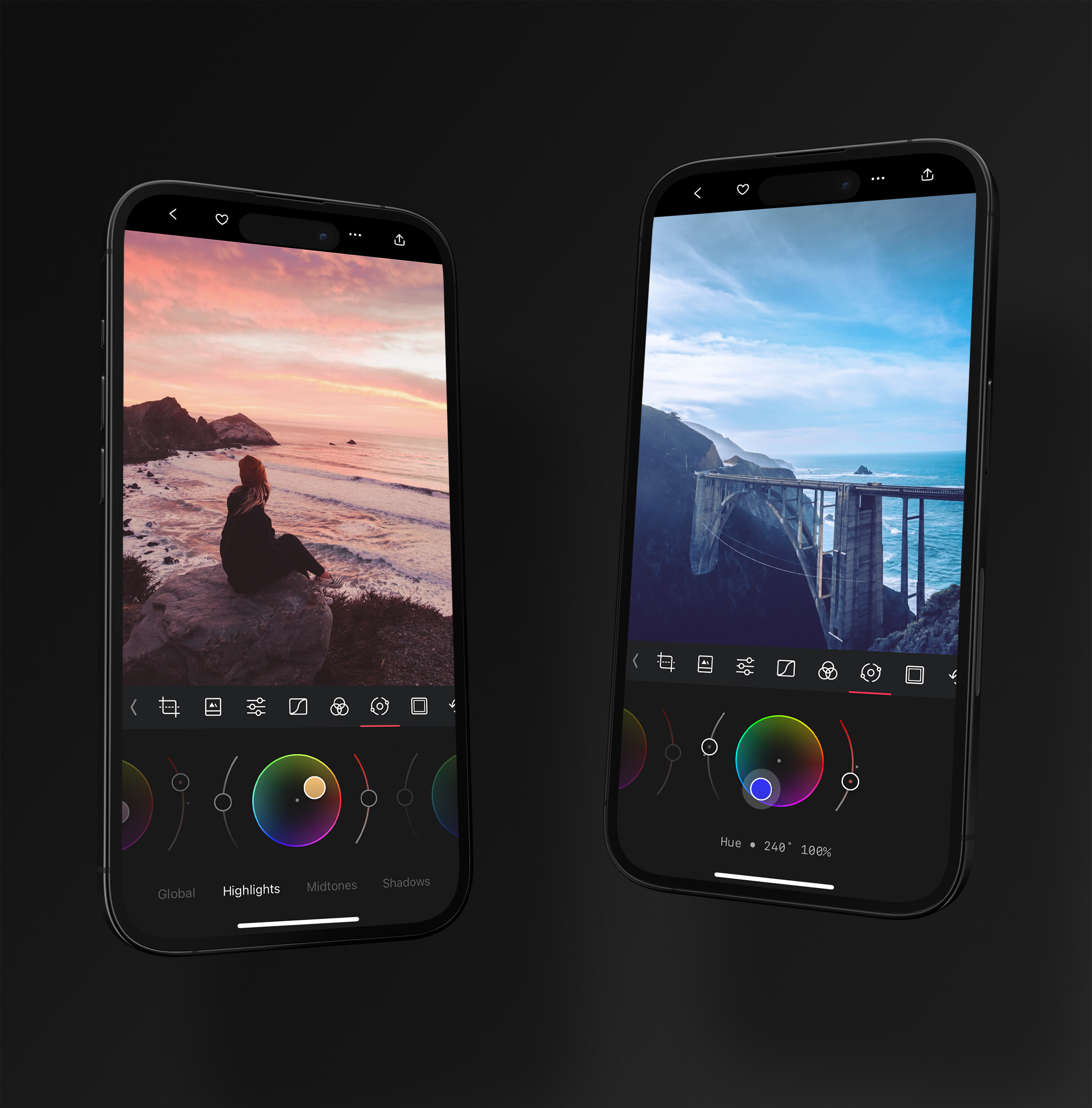 Интерфейс Darkroom на iPhone с колёсами цветокоррекции пейзажа
