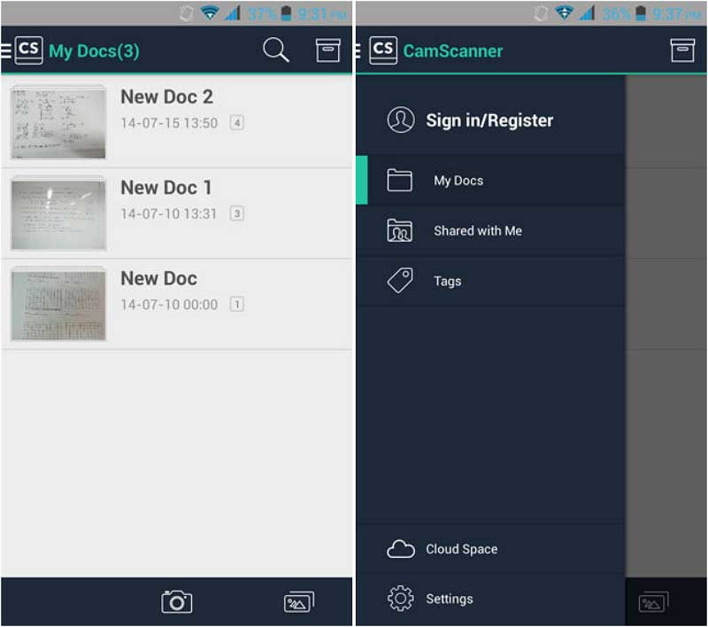 CamScanner на Android: интерфейс сканирования и работы с PDF