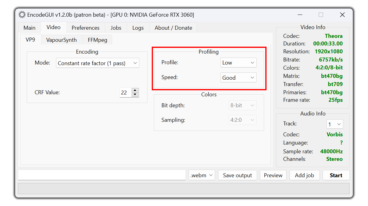 Параметры Profile и Speed для VP9 в EncodeGUI