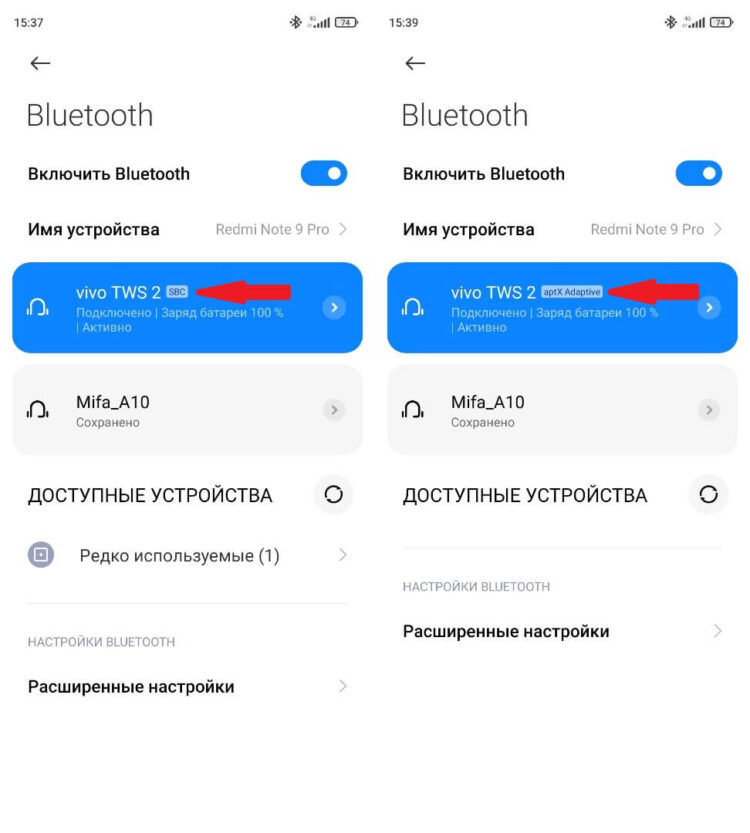 Карточка Bluetooth-наушников в Android с параметрами подключения