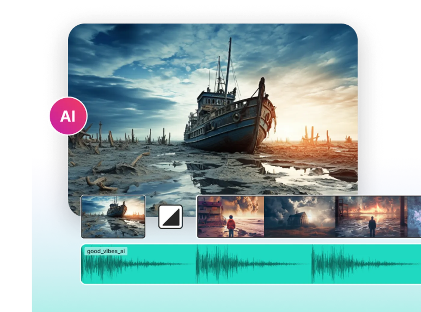 Интерфейс InVideo AI с видео, монтажной областью и звуком