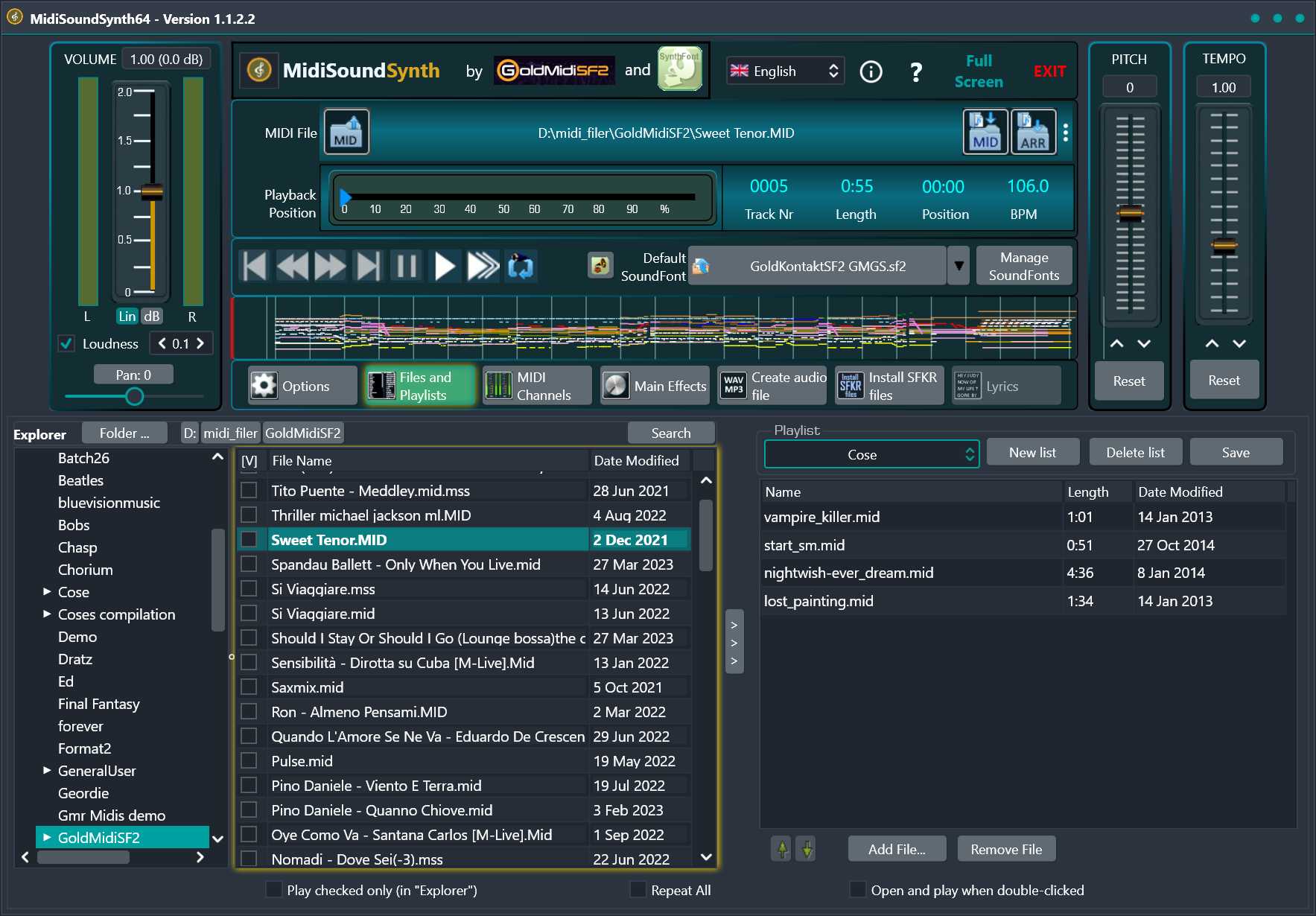 Интерфейс MidiSoundSynth с выбором SoundFont, MIDI и Create audio file