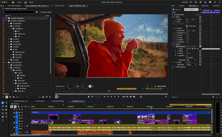 Интерфейс Adobe Premiere Pro с панелью проекта, окном просмотра и монтажным таймлайном