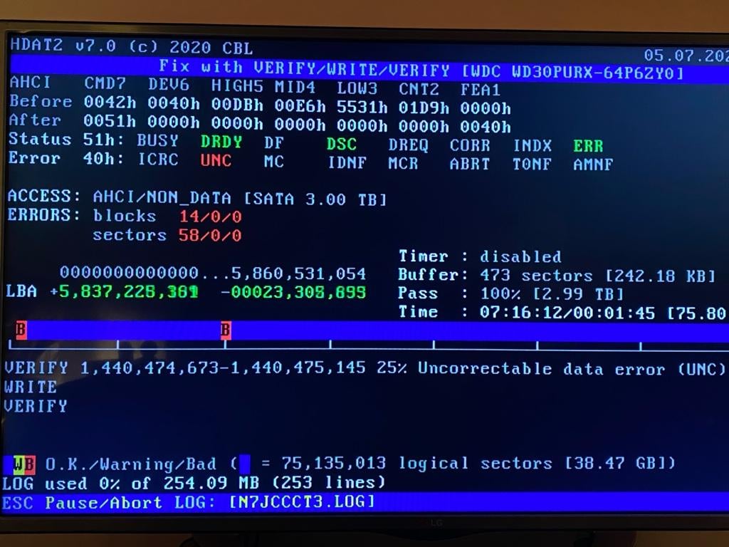 HDAT2 с циклом Verify Write Verify и найденными ошибками
