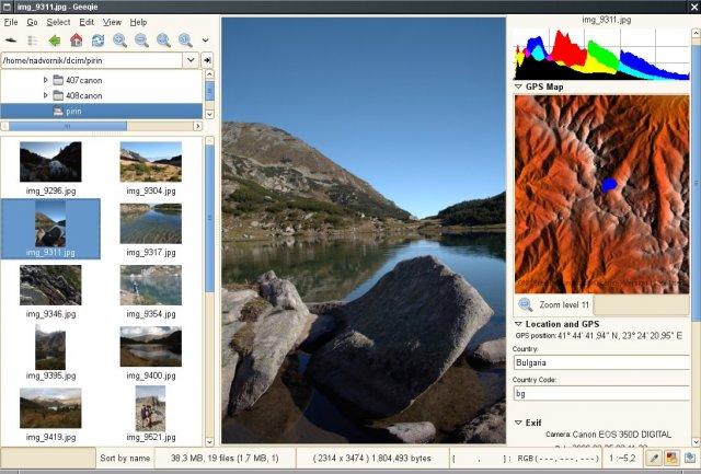 Окно поиска Geeqie с параметрами filename, file size, file date, image dimensions, image content и GPS