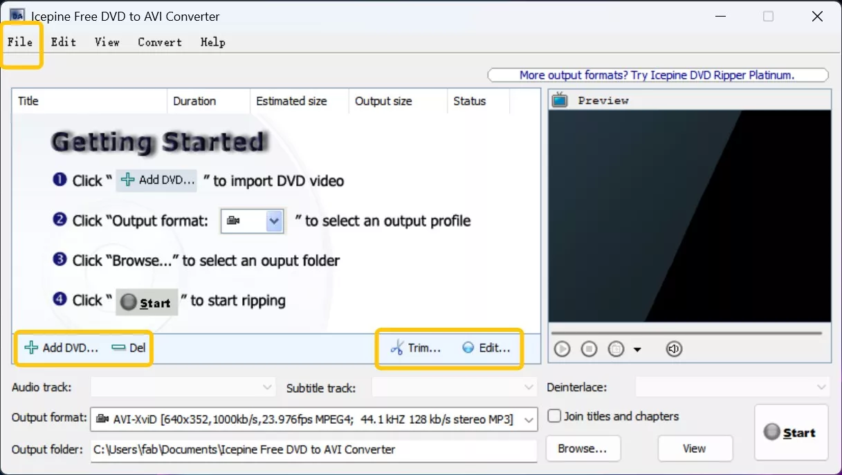 Интерфейс Icepine Free DVD to AVI Converter