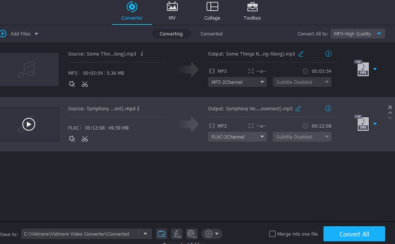 Финальное сохранение MP3 через Convert All в Vidmore Video Converter