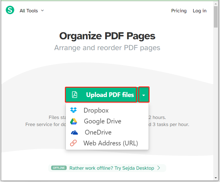 Интерфейс Sejda Organize PDF для загрузки и перестановки страниц