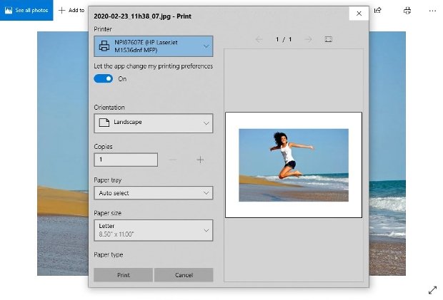 Системное окно печати фотографии в Windows Photos