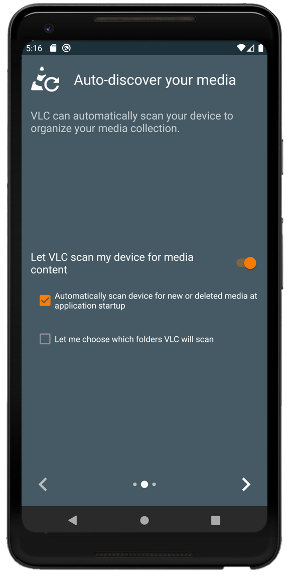 Экран выбора сканирования папок VLC for Android