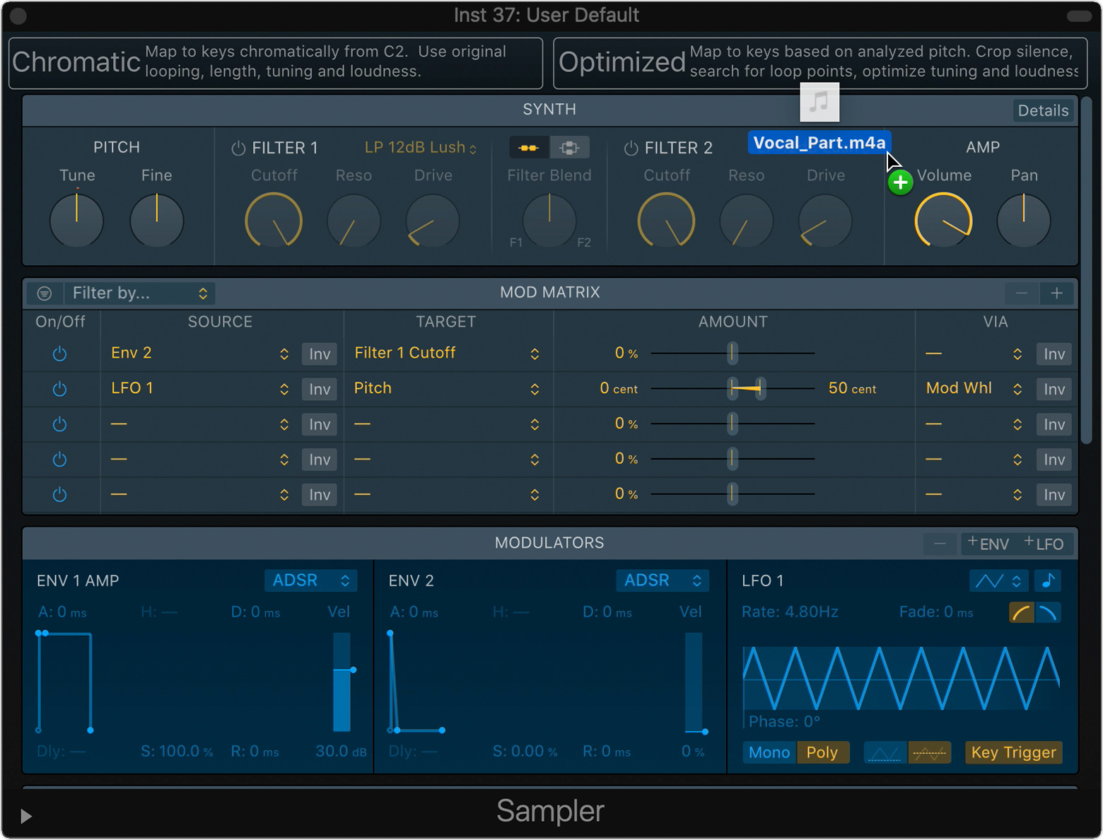 Интерфейс Sampler в Logic Pro с секциями Synth Mod Matrix и Modulators