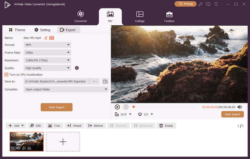 Окно экспорта MV-проекта в AVAide Video Converter