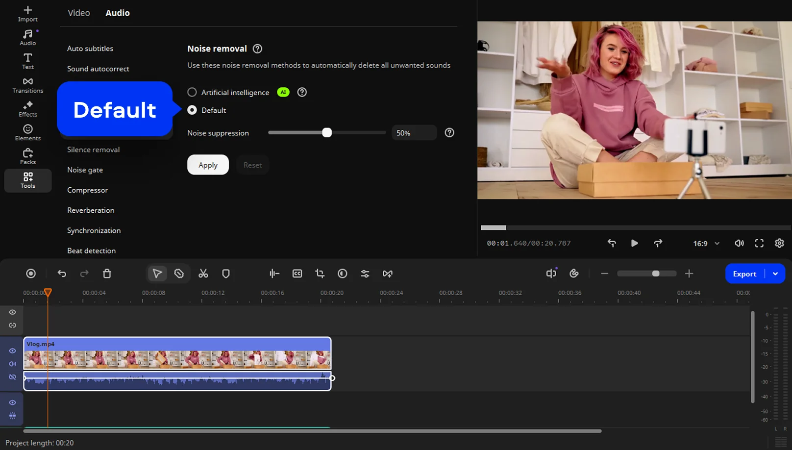 Ручная регулировка Noise suppression в Movavi Video Editor