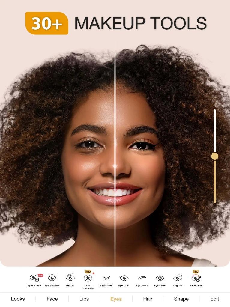 Инструменты макияжа в Perfect365 с разделом Eyes и ползунком интенсивности