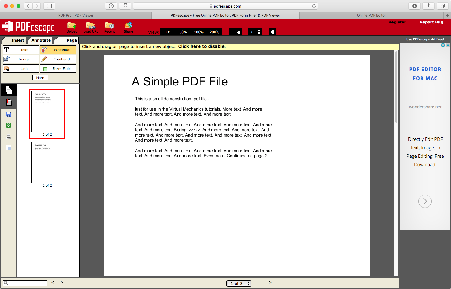 Интерфейс PDFescape с панелью инструментов и страницами PDF