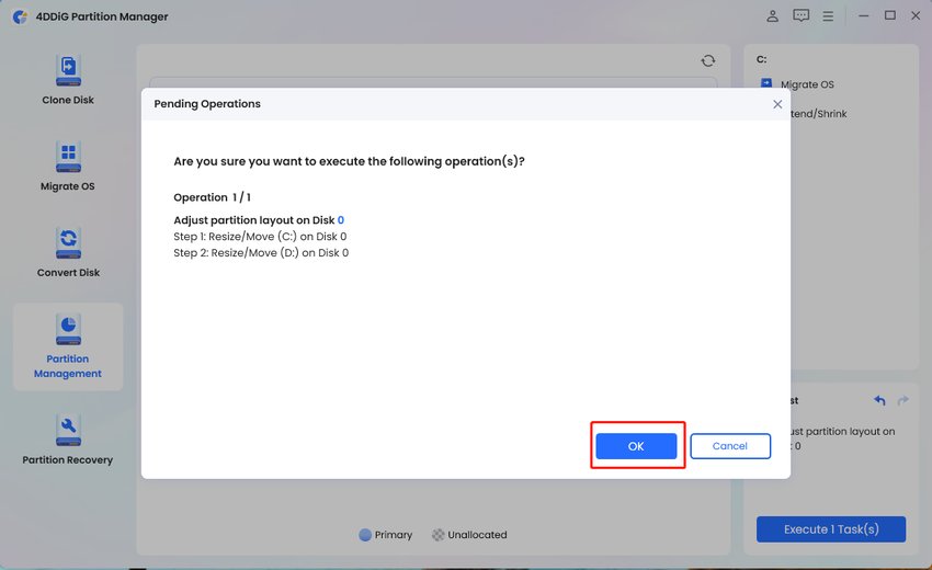 Подтверждение ожидающей операции в 4DDiG Partition Manager