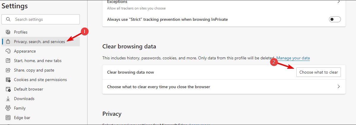 Выбор данных для удаления в Microsoft Edge