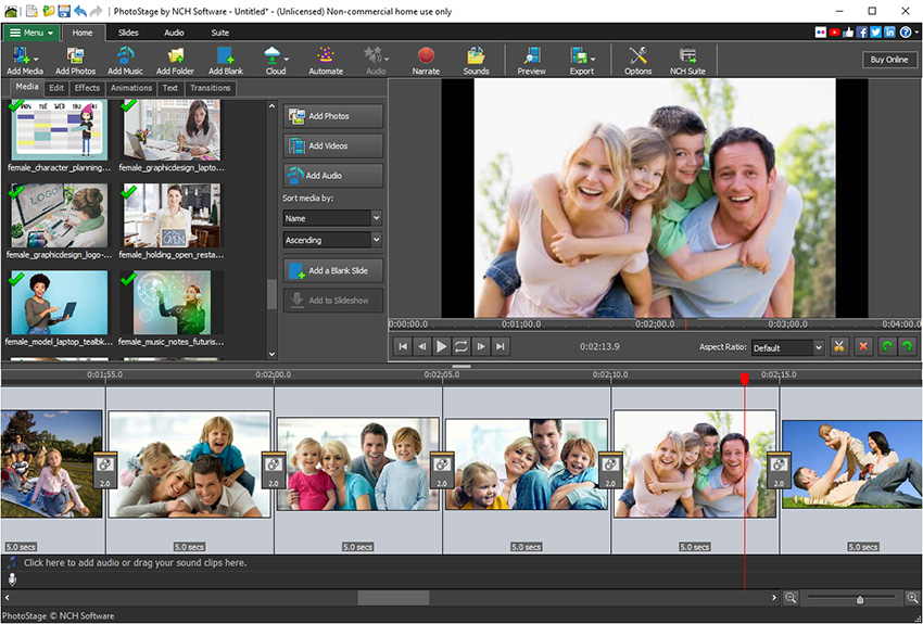 Главное окно NCH PhotoStage Slideshow Software с медиасписком, предпросмотром и таймлайном