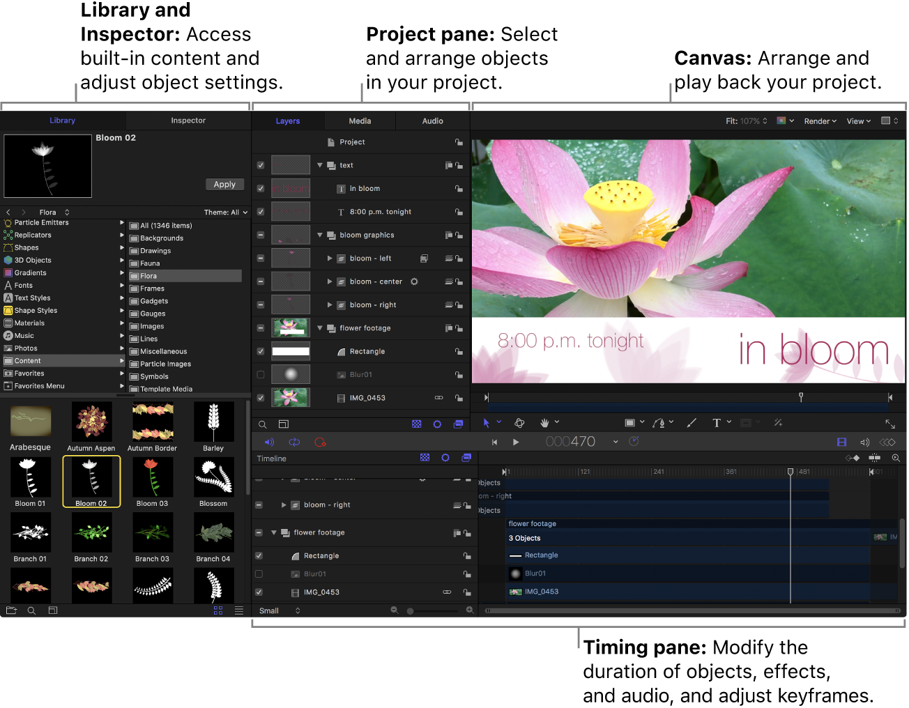 Рабочее окно Apple Motion с Library, Layers, Canvas и Timeline