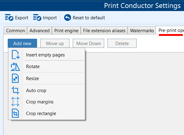 Вкладка Pre-print operations в Print Conductor с операциями Insert empty pages, Rotate, Resize, Auto crop, Crop margins и Crop rectangle