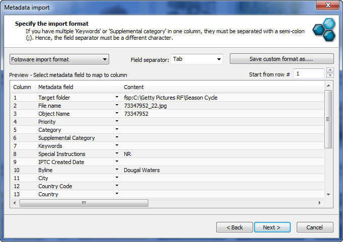 Text Import Wizard в FotoStation с mapping колонок на metadata fields