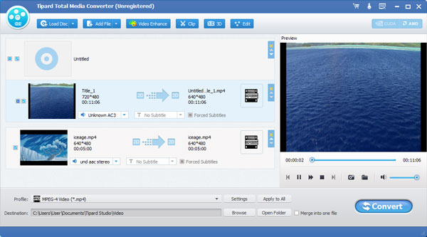 Главное окно Tipard Total Media Converter с кнопками Load Disc, Add File, Video Enhance, Clip, 3D, Edit и Convert
