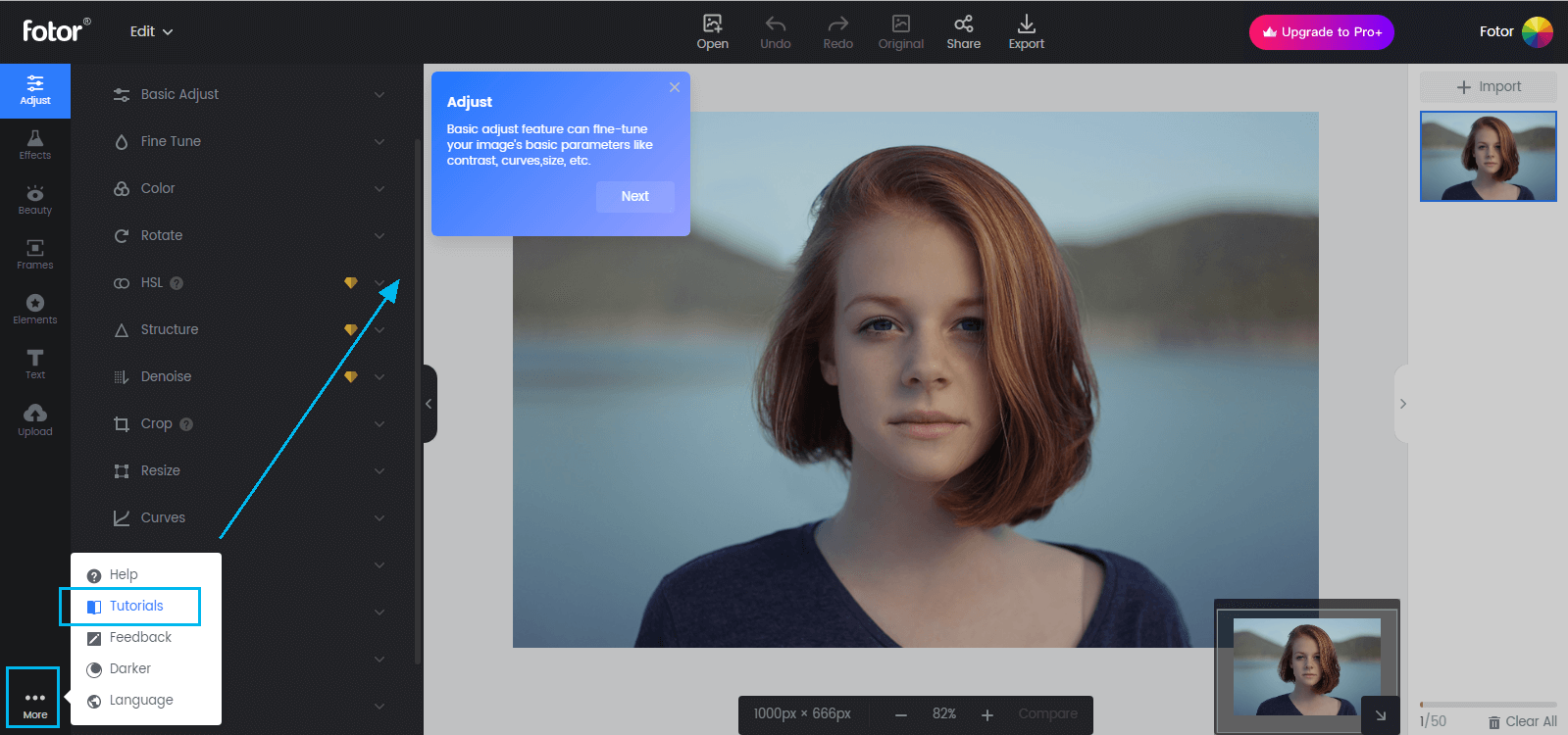 Fotor: рабочее окно Photo Editor с панелью Adjust и портретом