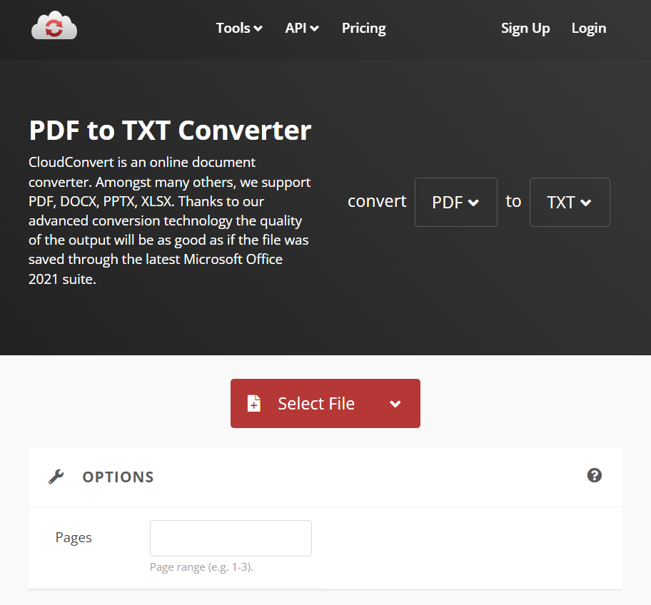 Интерфейс CloudConvert для PDF в TXT
