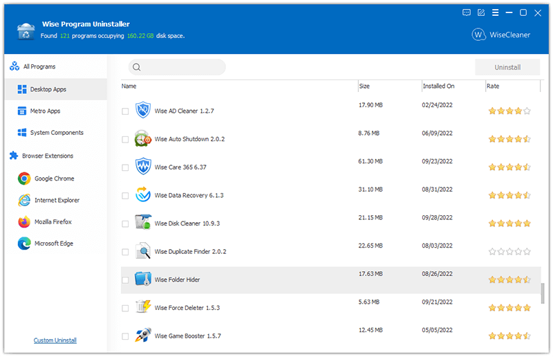 Окно Wise Program Uninstaller с установленными программами