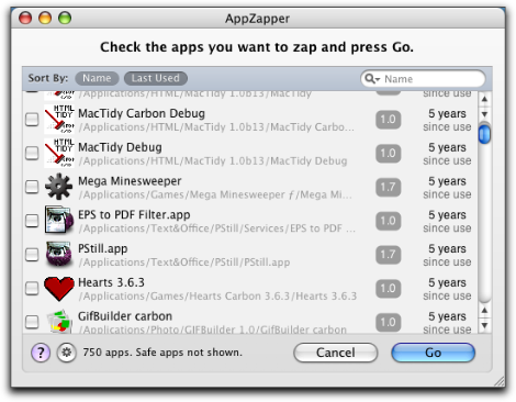 ZapGenie в AppZapper со списком приложений и кнопкой Go