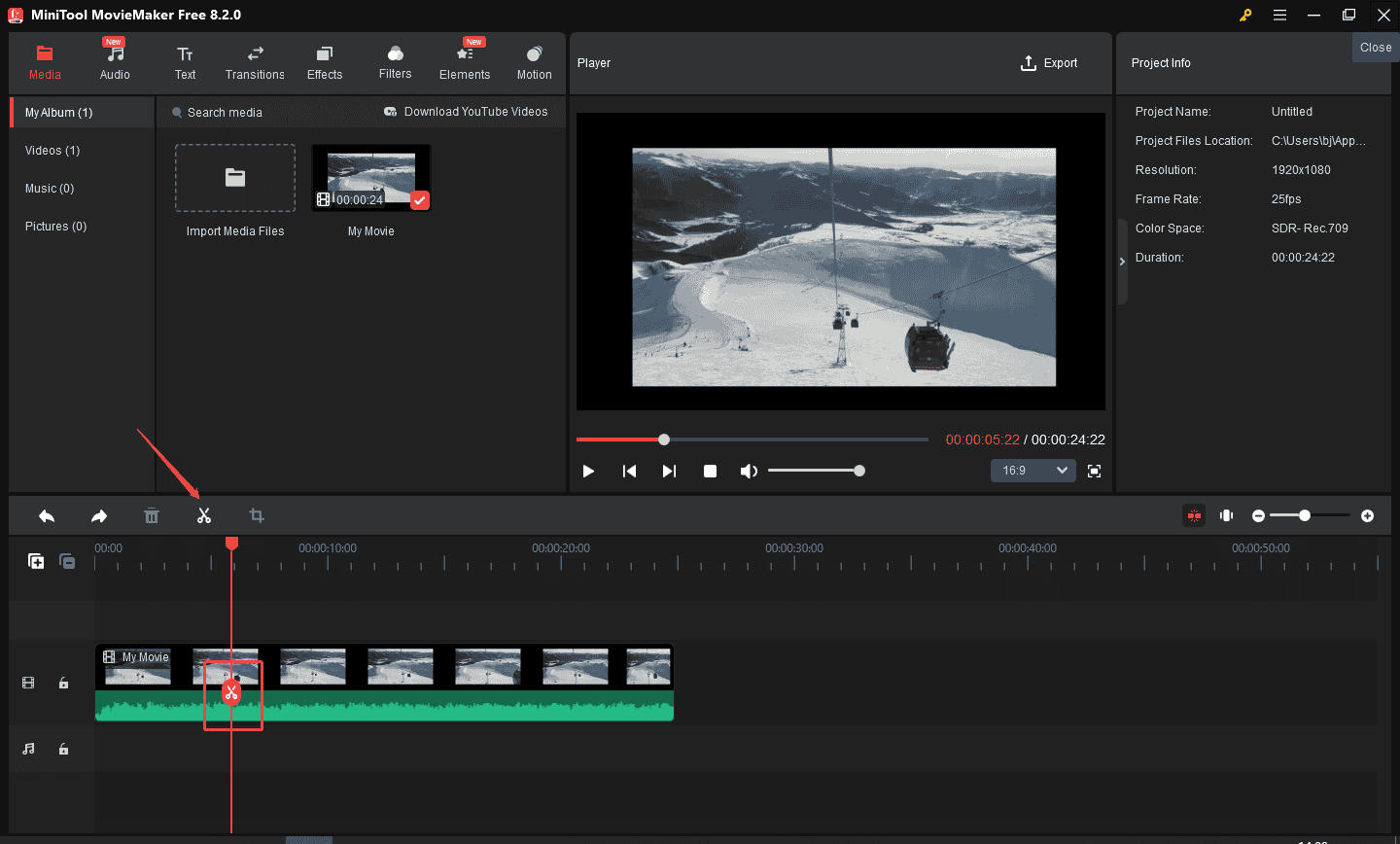 Разделение клипа WebM в MiniTool MovieMaker