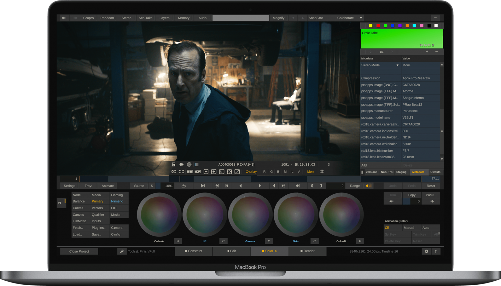 Интерфейс ASSIMILATE SCRATCH при цветокоррекции ProRes RAW