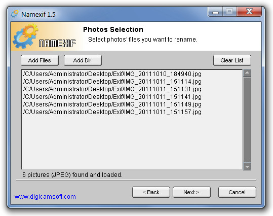 Окно выбора фотографий в Namexif с кнопками Add Files, Add Dir и Clear List