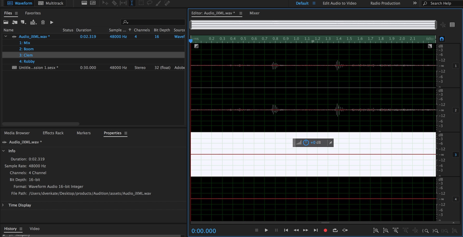 Adobe Audition Waveform Editor с отдельными каналами многоканального аудио