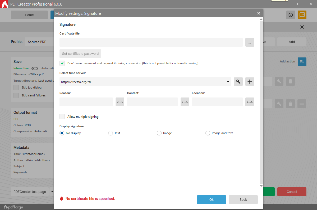 Окно Modify settings: Signature в PDFCreator с настройками сертификата и отображения подписи