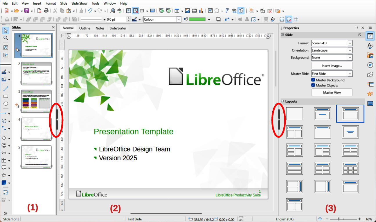 Главное окно Impress с панелью Slides, Workspace и Sidebar